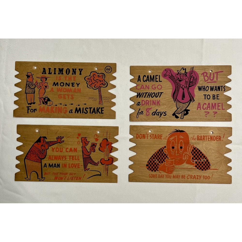 Vintage Thin Wood Novelty Postcards 4 Komic Plak Gag Gift Bar Signs Kitschy